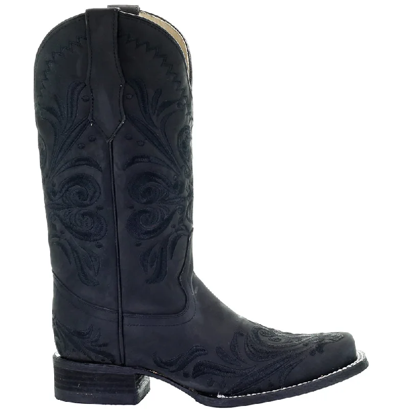 All Black Tooled-Inlay Square Toe Cowboy Boots