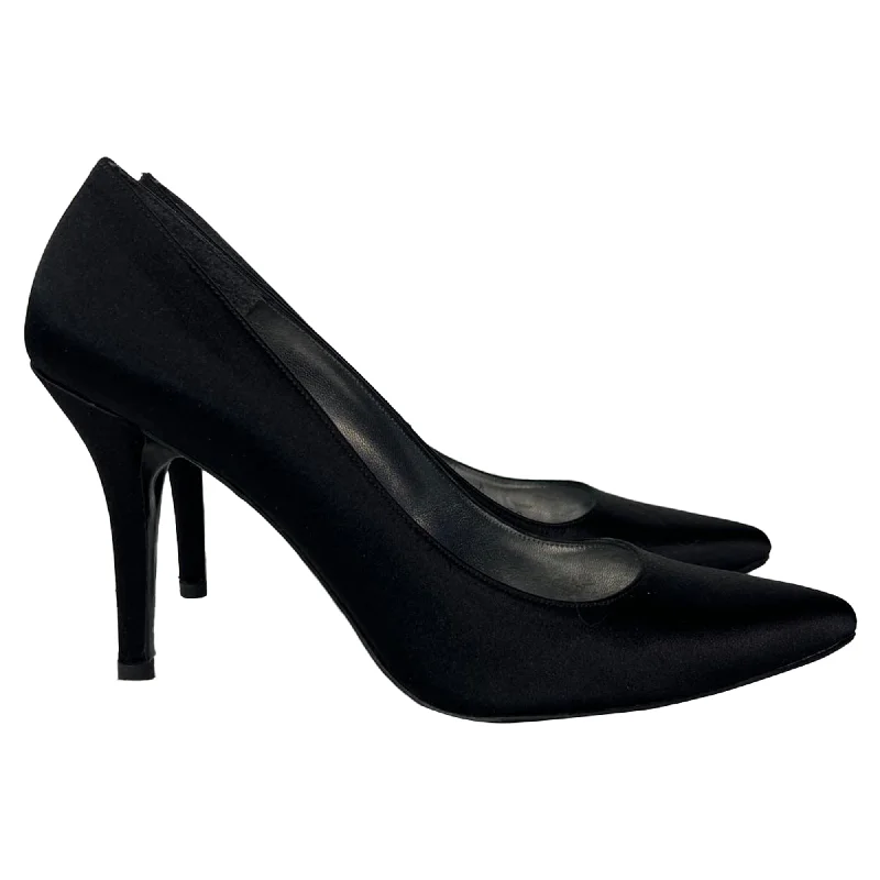 Stuart Weitzman Pointed Toe Pumps in Black Satin