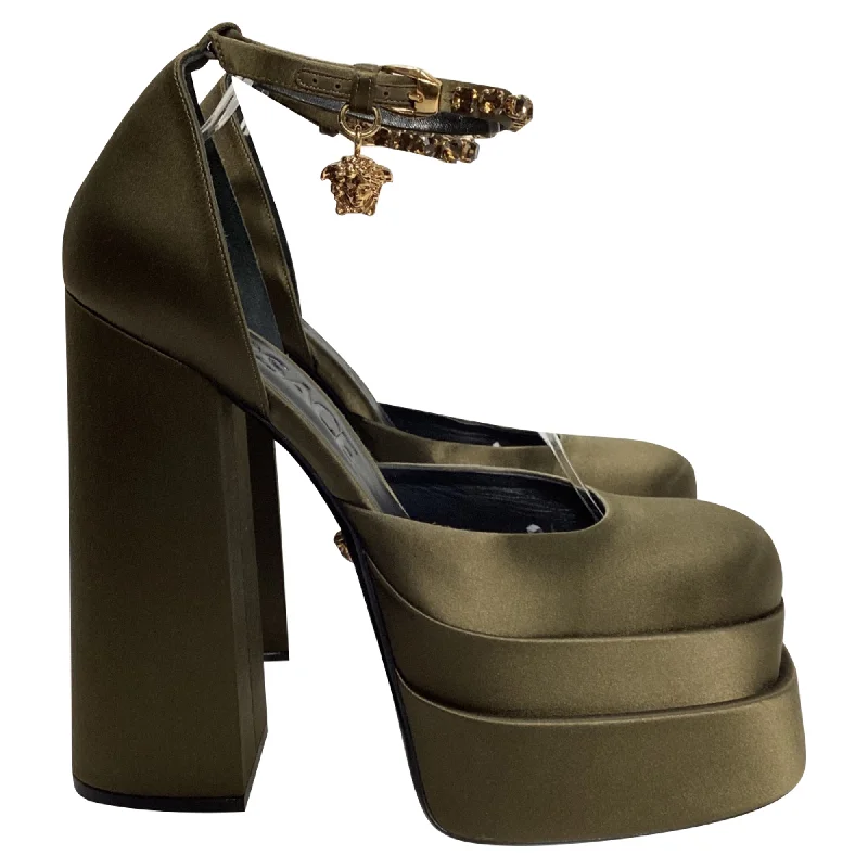 Versace Medusa Aevitas Ankle Strap Platform Pumps in Khaki Satin