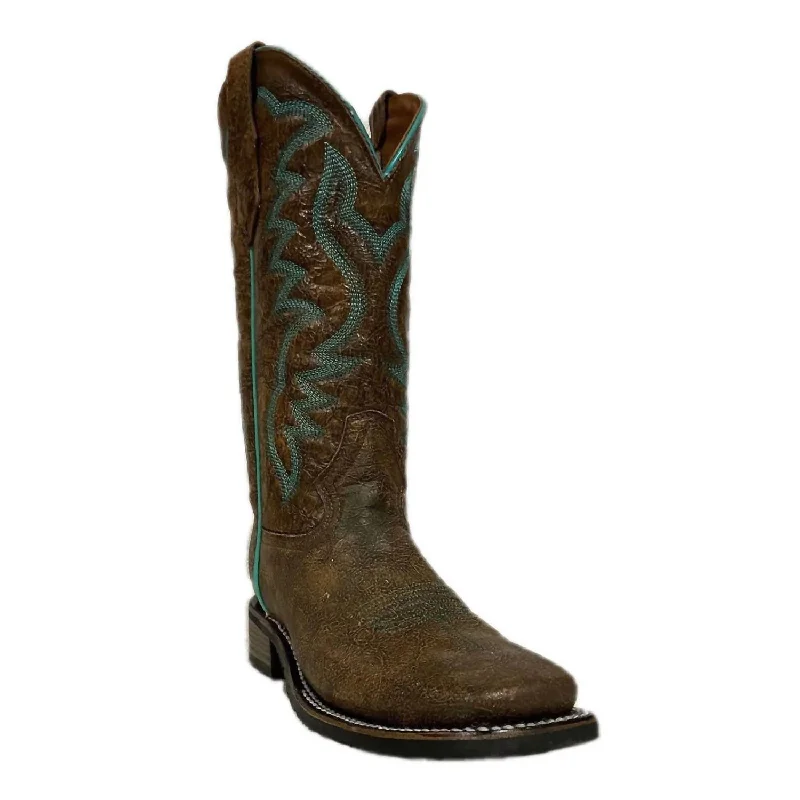 Women's Peanut Embroidery Wide Square Toe Western Boots In Brown