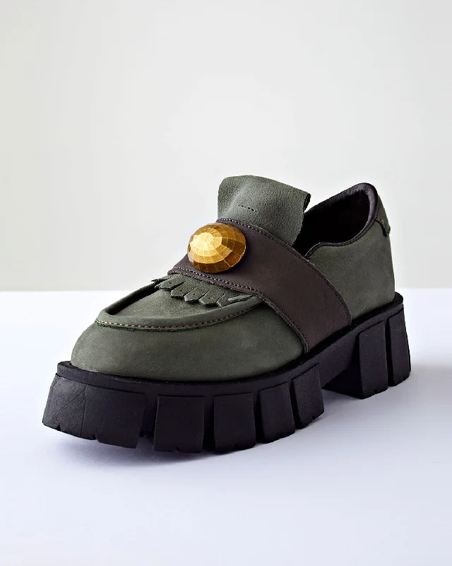 Chunky Suede Loafer with Gold | Olive Carbon