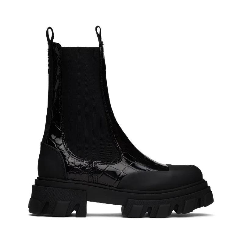 Cleated Mid Chelsea Boot Naplack Croco (Black)