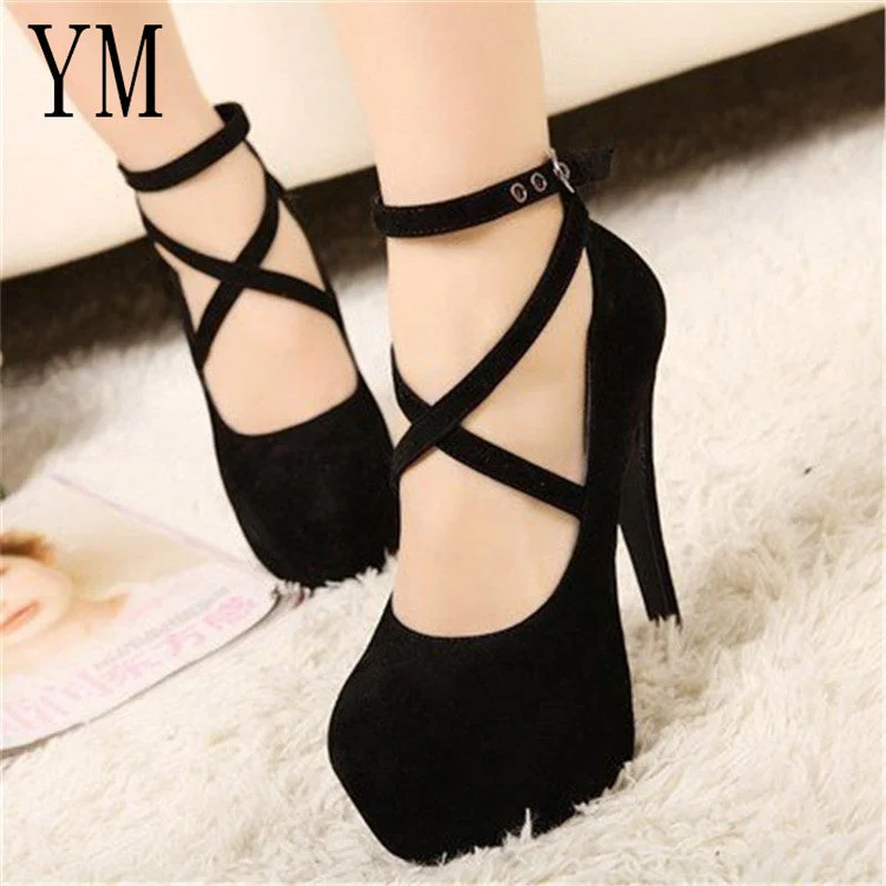 Shoes Woman Pumps Cross-tied Ankle Strap Wedding Party Shoes Platform dress Women Shoes High Heels Suede ladies shoes Big 42