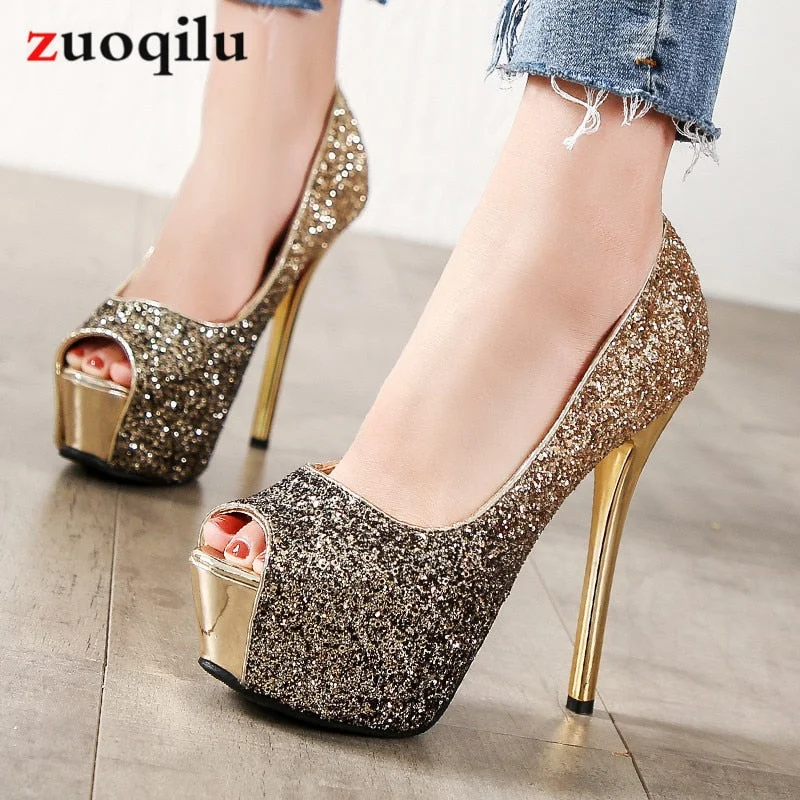 2019 Platform Heels Shoes Woman Gold Silver Peep Toe high heels Pumps Women Shoes Wedding Shoes Bridal adies shoes talon femme