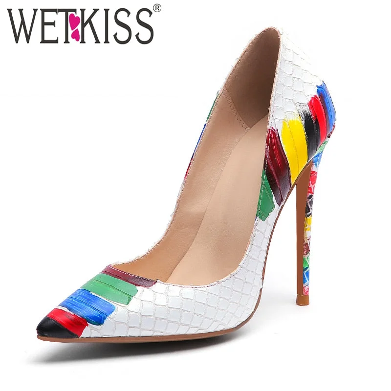 WETKISS Emboss Leather Pumps Women Pointed Heels 12cm Shallow Shoes Female Colorful Shoes Crocodile High Heels Party Summer 2019