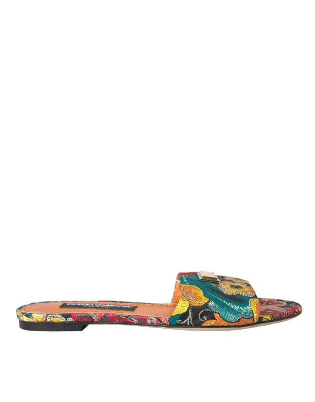 Dolce & Gabbana multi Floral Brocade Logo Flats Sandals Women's Shoes (Pre-Owned)