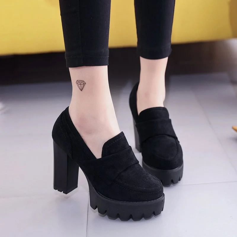 ZHENZHOU 10CM Pumps Suede high heels thick round head waterproof platform black single shoes female thick bottom was thin