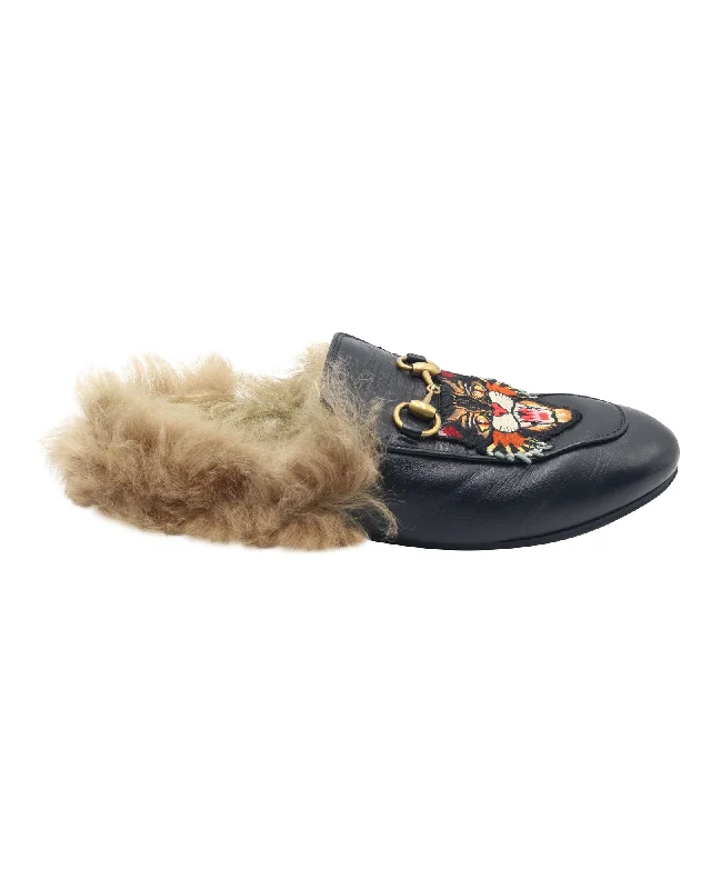 Gucci Princetown slippers with Angry Cat Appliqué in Black Leather