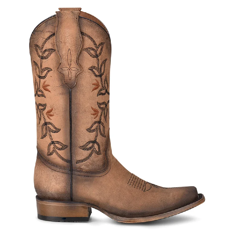 Ld Brown Flowered Embroidery Square Toe Cowboy Boots