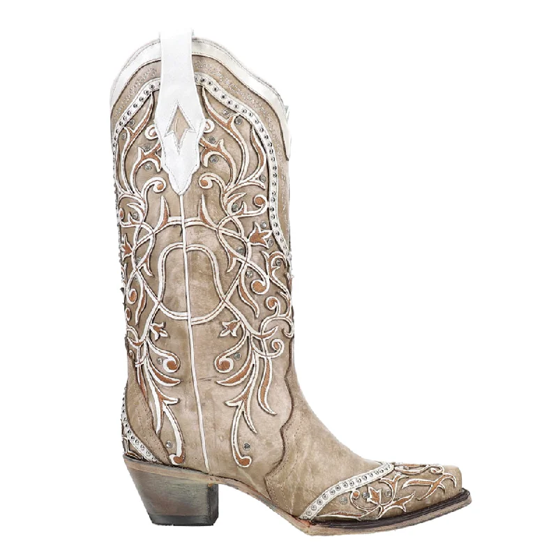 Studded Tooled-Inlay Snip Toe Cowboy Boots